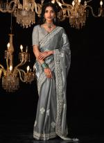 Glass Tissue Grey Wedding Wear Sequence Embroidery Work Saree